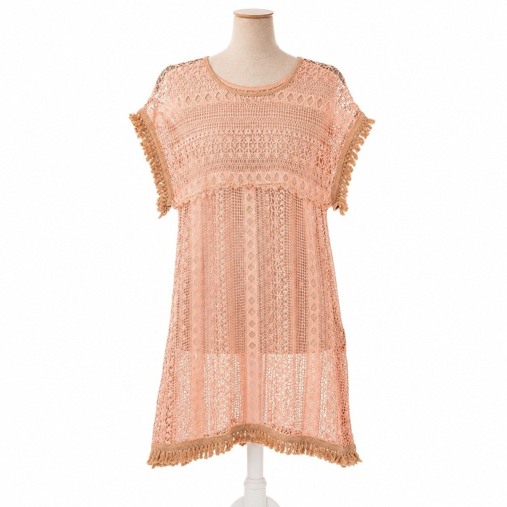 Floral Fairy Crochet Lace Fringe Mini Dress Size S Pink Boho Festival Coverup